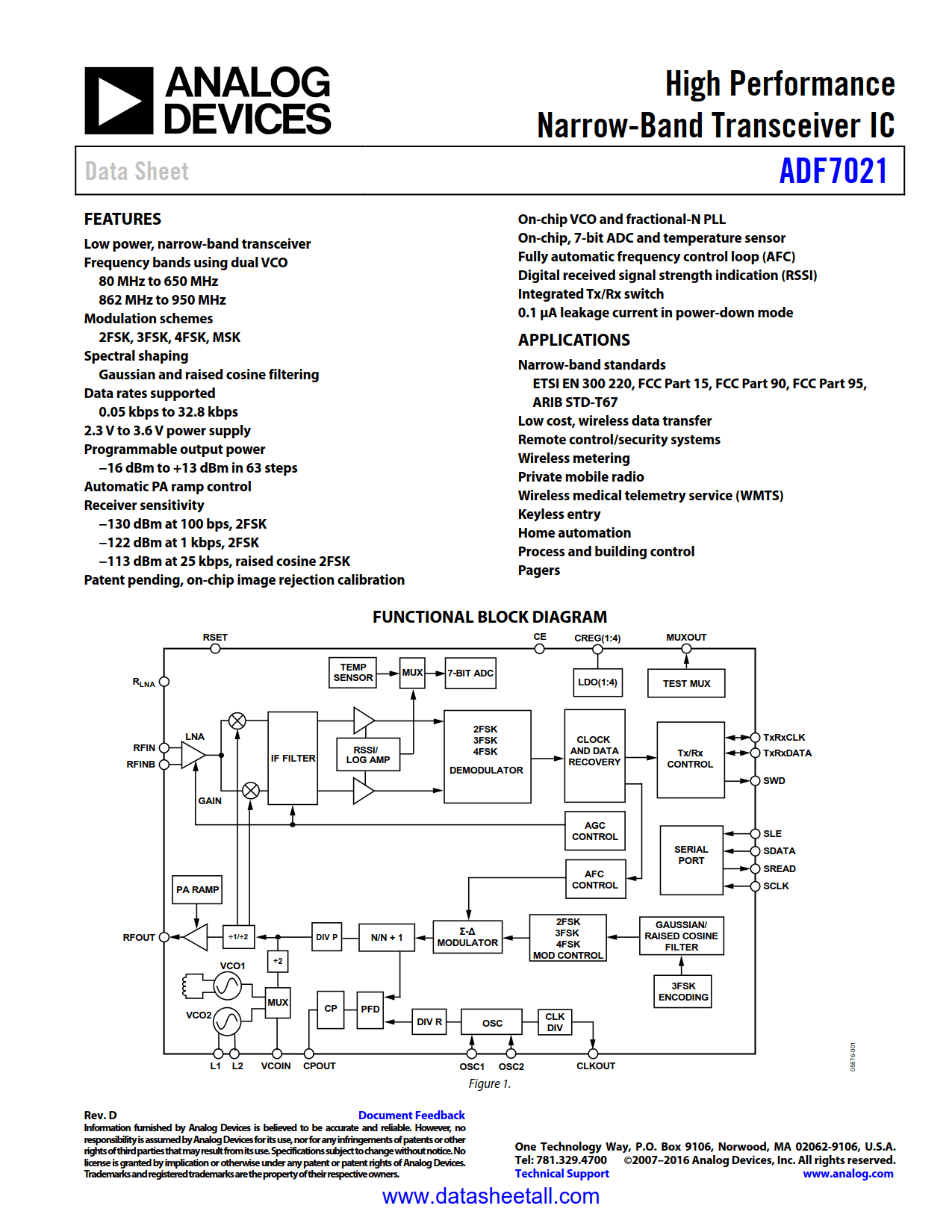 ADF7021 Datasheet