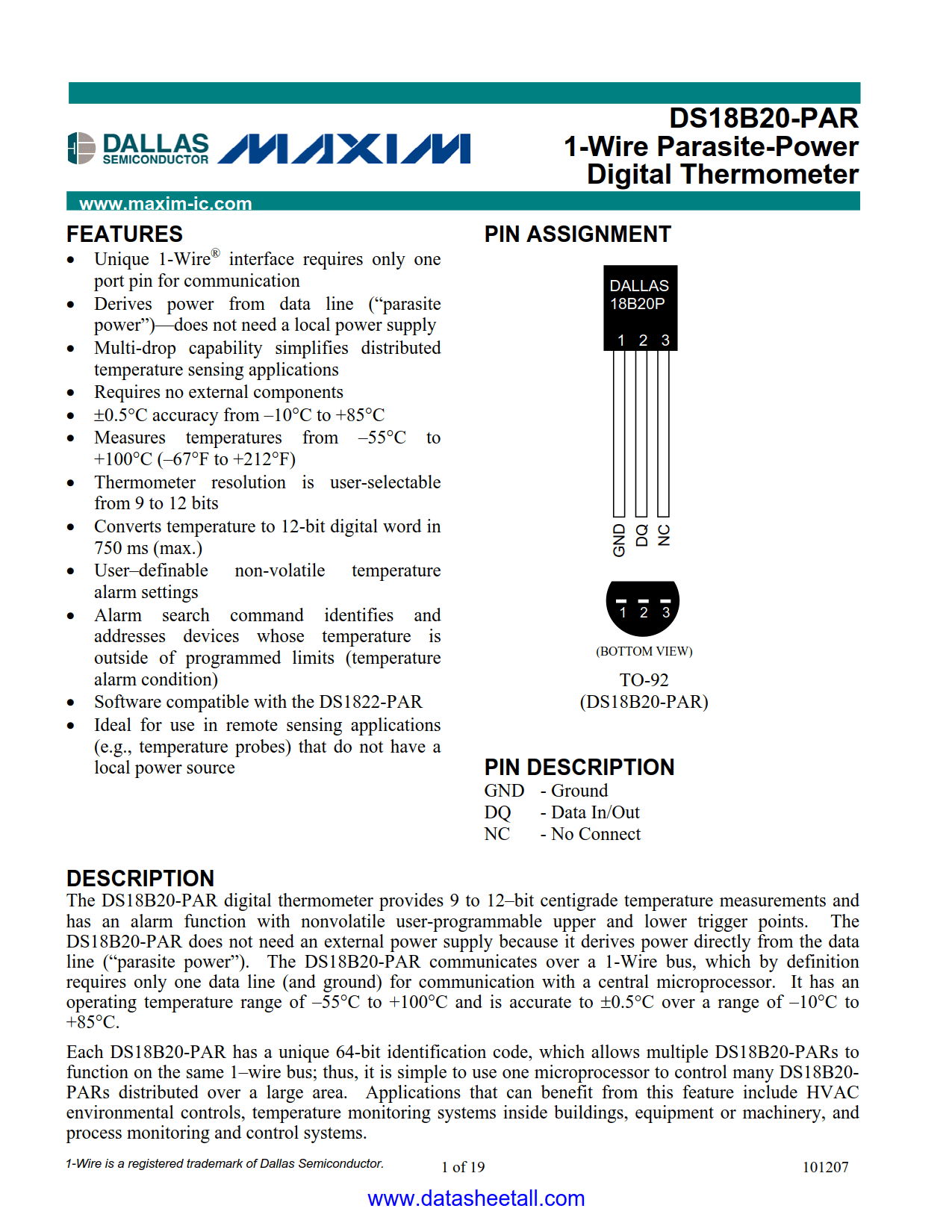 DS18B20-PAR Datasheet