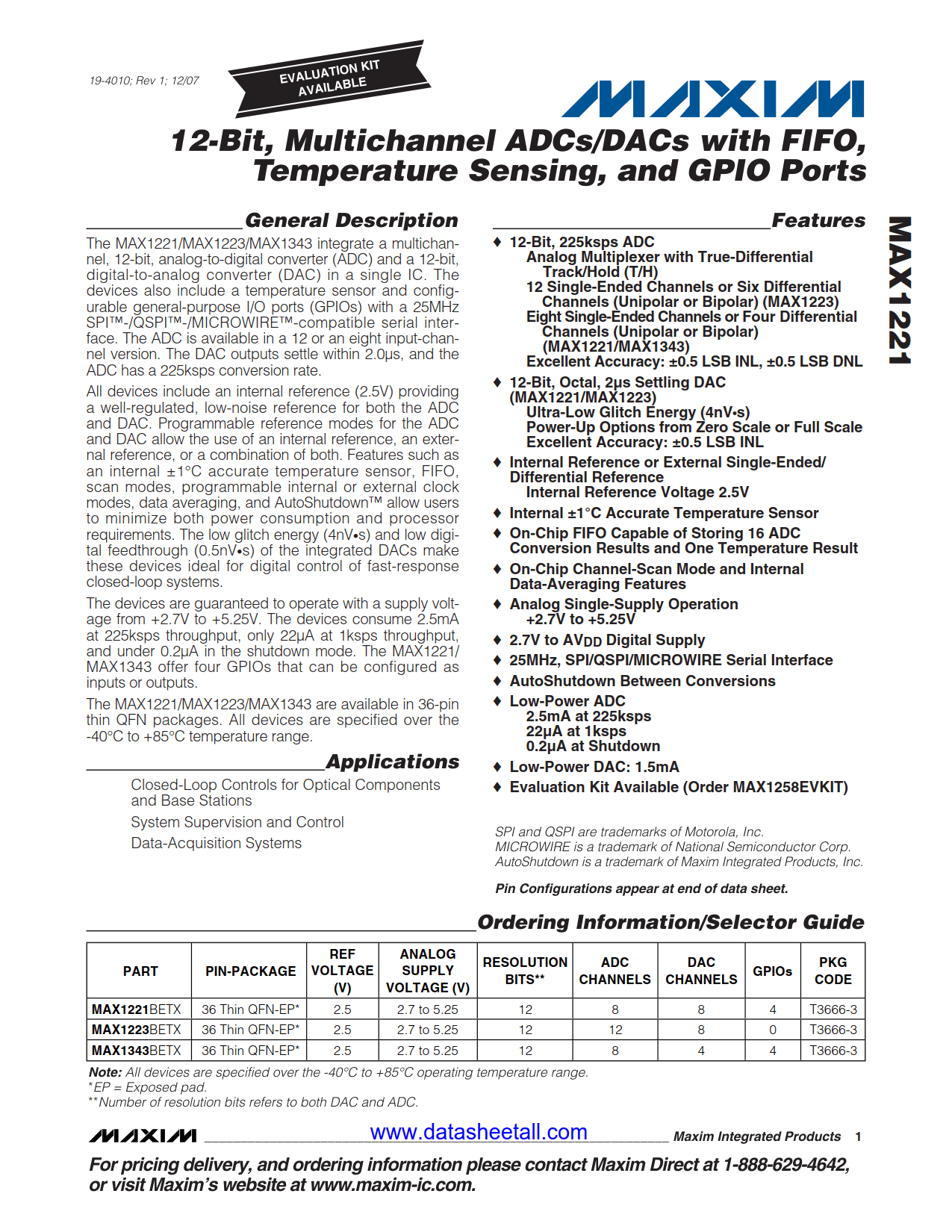 MAX1221 Datasheet