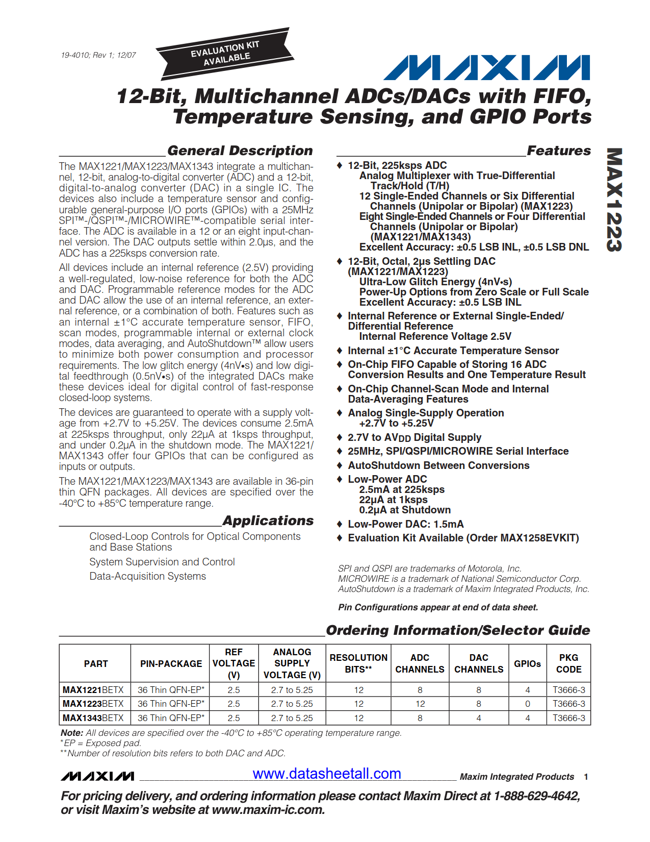 MAX1223 Datasheet
