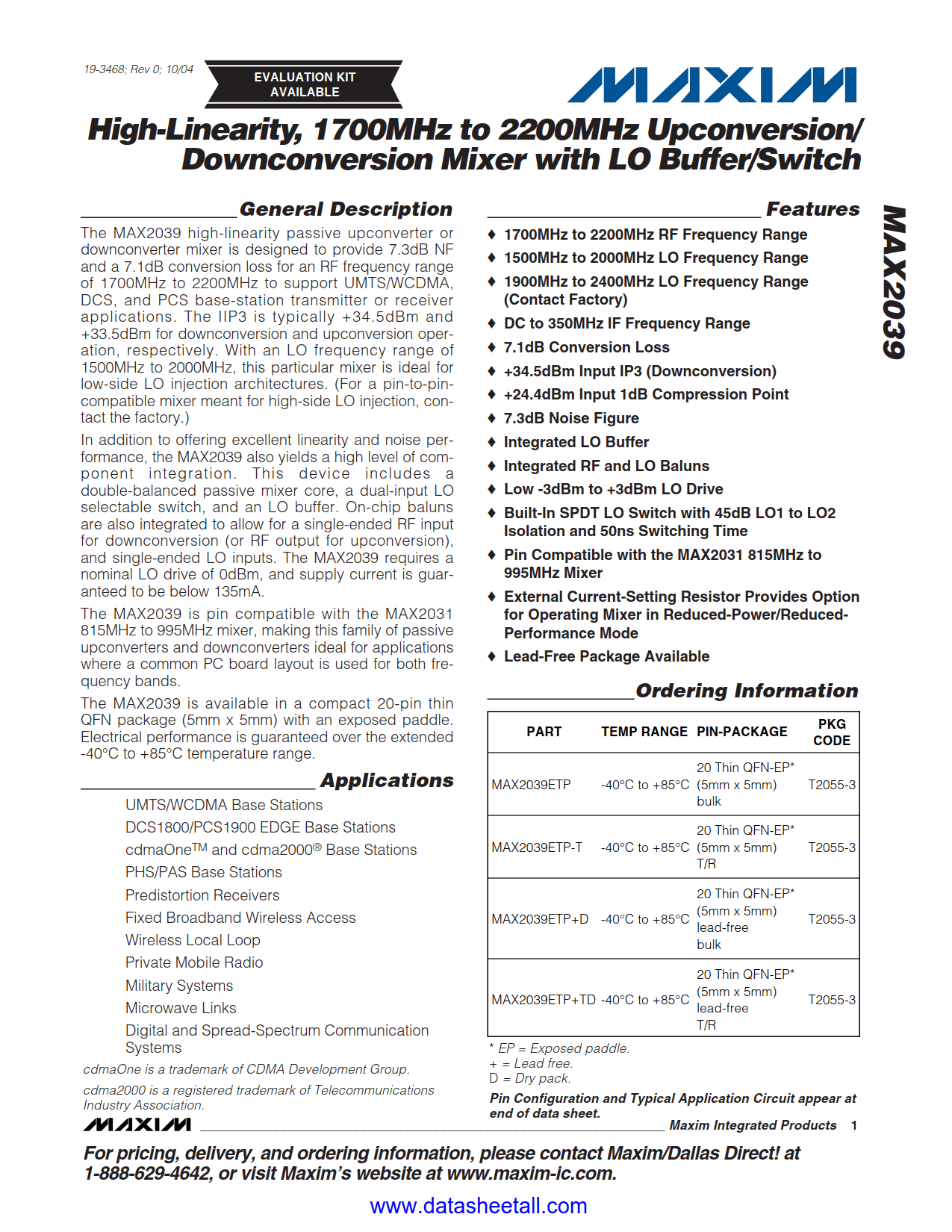 MAX2039 Datasheet