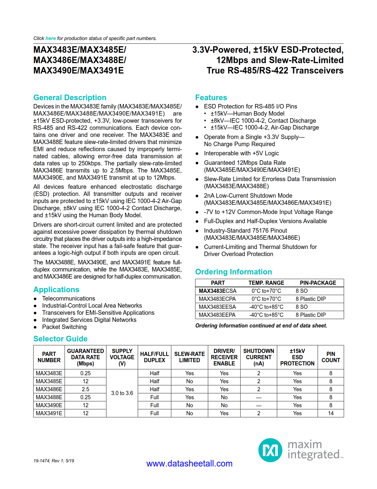 MAX3490E Datasheet