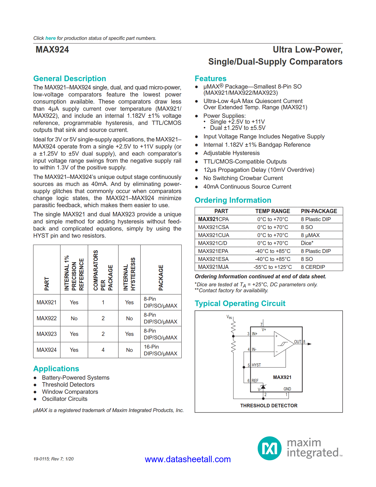 MAX924 Datasheet