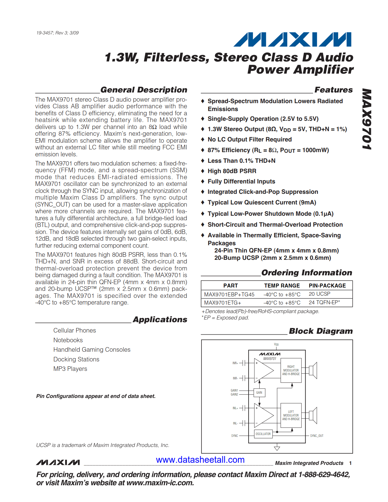 MAX9701 Datasheet